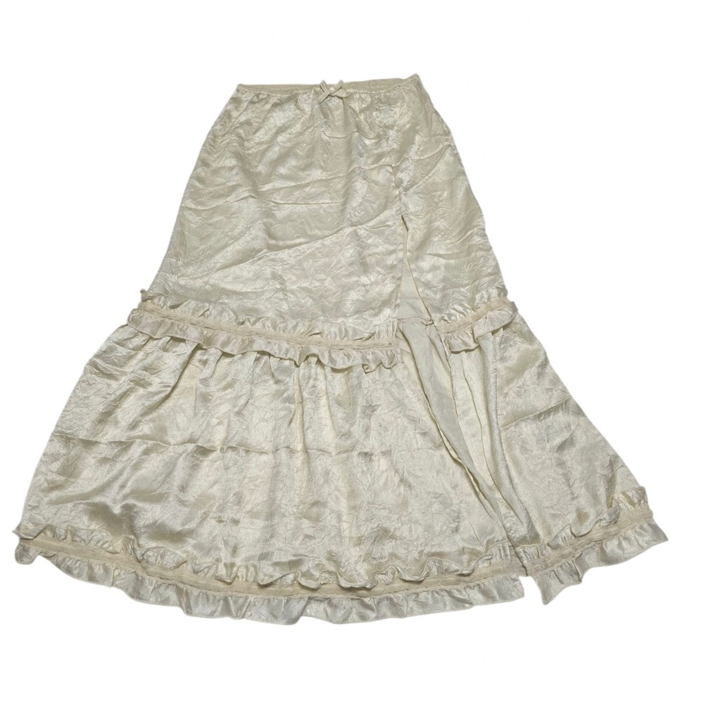 Urban Outfitters Cream Satin Crushed Ruffle Maxi Skirt Side Slit Small OB1502492